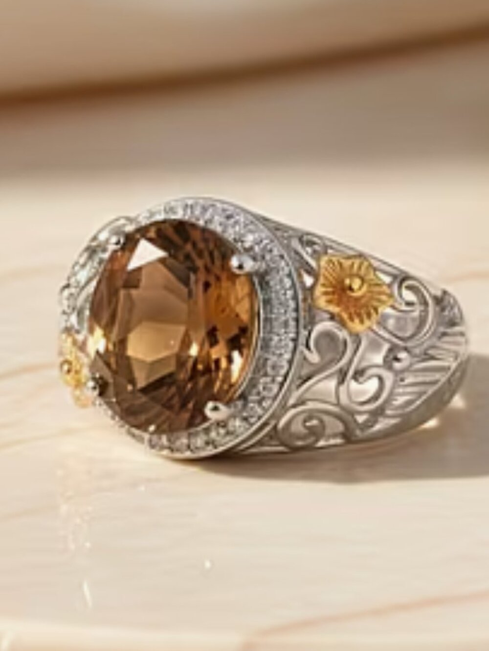 Autumn Alexite/White Zircon Maple Majesty Ring in 18K YG P